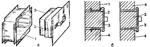 Рис. 6. Чистки-коробочки: а - общий вид; б - коробочка, вставленная в кладку; 1 - рамка; 2 - коробочка; 3 - кирпич; 4 - печная кладка