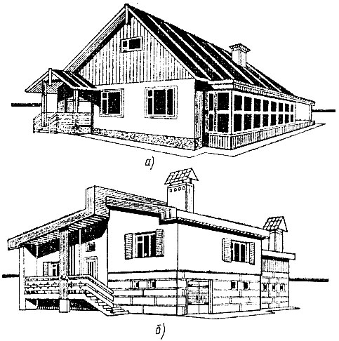 Рис. 1. Одноэтажные   усадебные  дома с помещениями, расположенными в уровнях; а - одном, б - двух