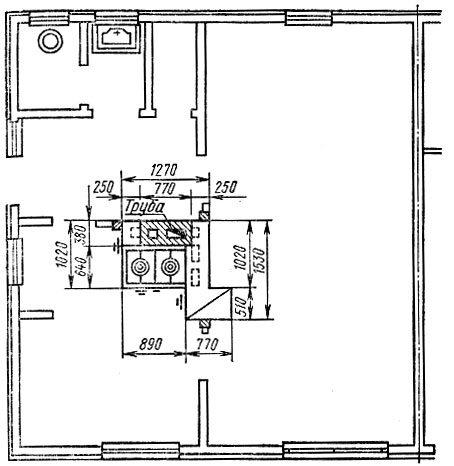 Рис. 137. Пример компоновки системы печного отопления однокомнатной квартиры