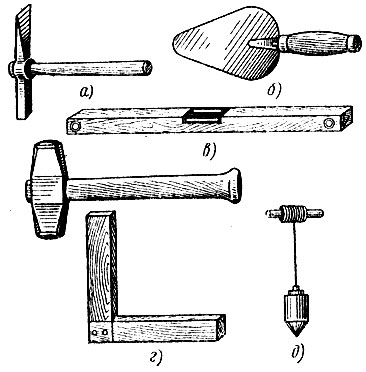 Рис. 71. Печной инструмент: а - молоток-кирочка, б - кельма, в - строительный уровень, г - кувалда и угольник, д - отвес