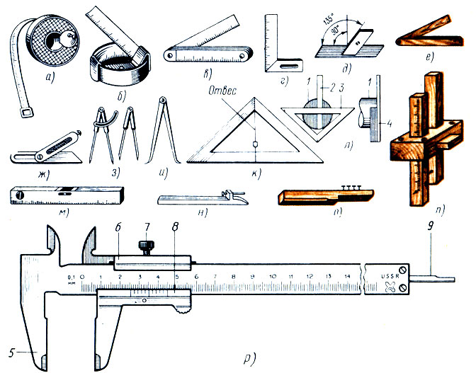Рис. 4. Инструмент для разметки: а - рулетка, б - метр-рулетка, в - складной метр, г - угольник, д - ерунок, е - деревянная малка, ж - металлическая малка, з - циркуль, и - нутромер, к - уровень с отвесом, л - угольник-центроискатель, м - уровень, н - отволока, о - скоба, п - рейсмус, р - штангенциркуль ЩЦ-1; 1 - цилиндрический предмет, 2 - линейка, 3 - планка 4 - угольник, 5 - штанга, 6 - рамка, 7 - зажим рамки, 8 - нониус, 9 - линейка глубиномера