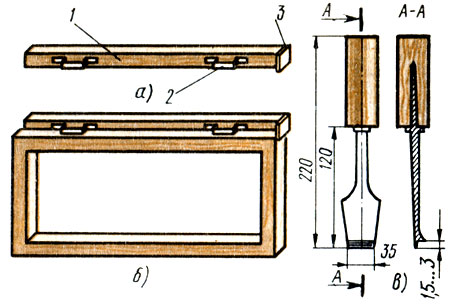 Рис. 82. Шаблон Павлихина для разметки гнезд под петли: а - шаблон, б - шаблон с коробкой, в - стамеска для выборки   гнезд   под   оконные   и   дверные   петли;   1 - рейка, 2 - скоба, 3 - упор