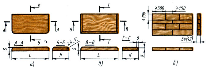 Рис. 84. Подоконные доски с закругленной кромкой (а), с фаской (б) и из склеенных по длине и ширине брусков (в)