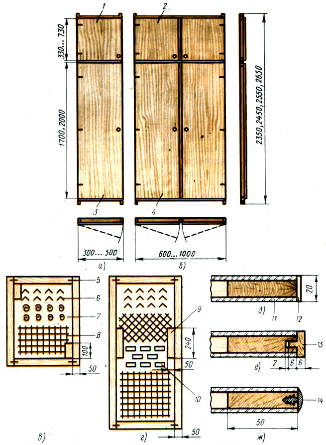 Рис. 95. Элементы встроенной мебели: а - однопольная шкафная дверь, б - двупольная шкафная дверь, в - антресольная дверь (разрез), г - шкафная дверь (разрез), д - обкладка, е - деревянная обкладка двери, ж - обкладка двери хлорвиниловым профилем; 1 - антресольный однопольный блок, 2 - антресольный двупольный блок, 3 - однопольный шкафной блок, 4 - двупольный шкафной блок, 5 - металлическая скрепка, 6 - заполнение из ломанных полосок, 7 - заполнение серединки спиралями, 8 - заполнение серединки из решетки твердых древесноволокнистых плит, 9 - брусок под замок, ручку-завертку, 10 - заполнение серединки брусками, 11 - облицовка из твердых древесноволокнистых плит, 12 - планка, 13 - деревянная обкладка, 14 - хлорвиниловый профиль