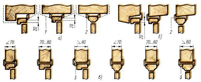 Рис. 139. Примеры установки дверных блоков во внутренних стенах и перегородках: а - в кирпичных стенах, б - в стеновых панелях, в - в перегородках; 1 - вариант со штукатуркой, 2 - наличник, 3 - рейка
