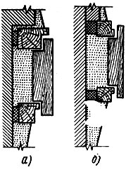 Рис. 54. Малки между оконными коробками, расположенными на разных уровнях (а) и на одном уровне (б)