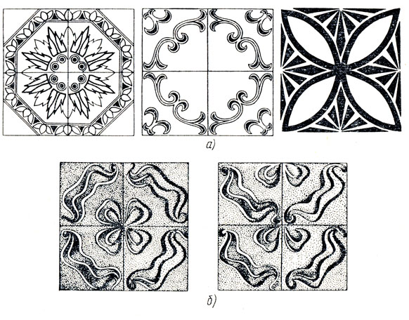 Рис. 9. Образцы плиток с рисунком для полов (а) и рельефных плиток для стен (б)