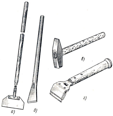 Рис. 11. Инструменты для очистки и выравнивания поверхности основания: а - скребок, б - скарпель, в - молоток, г - цикля