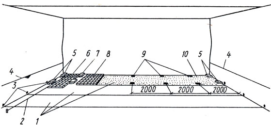 Рис. 57. Настилка плитки с использованием клеточного шаблона: 1 - полосы-захватки, 2 - причальный шнур, 3 - риски на стене, закрепляющие положение захваток, 4 - линия для отсчета отметки уровня пола, 5 - маяки, уложенные на уровне пола, 6, 8 - шаблоны, уложенные поперек и вдоль захваток, 7 - плитки ряда, отделяющие смежные шаблоны, 9 - марки, 10 - растворная прослойка