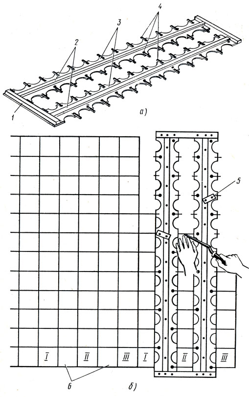 Рис. 108. Облицовка стен с использованием спаренного шаблона: а - внешний вид шаблона, б - укладка плитки по шаблону; 1 - опорная планка, 2 - полосы стальной рамы, 3 - деревянные рейки, 4 - пластинки-фиксаторы, 5 - рейкодержатель, 6 - промежуточные ряды, уложенные без шаблона; I-III-ряды, уложенные по шаблону