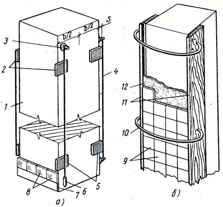 Рис. 123. Установка маяков (а) и облицовка колонн (б) по деревянным рейкам: 1 - колонна, 2, 5 - верхние и нижние маяки, 3 - инвентарный маяк для крепления отвеса или причального шнура, 4 - причальный шнур, 6 - отвес, 7 - опорная рейка, 8 - нижний ряд облицовки, 9 - облицованная поверхность, 10 - дуговой рейкодержатель, 11 - рейки, установленные по отвесу, 12 - растворная прослойка; b - ширина грани колонны, s - толщина слоя облицовки