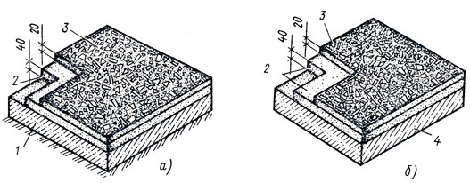 Рис. 144. Конструктивные схемы полимерцементно-бетонных полов, уложенных на грунте (а) и на междуэтажном перекрытии (б): 1 - бетонная подготовка, 2 - цементная стяжка, 3 - полимерцементно-бетонное покрытие, 4 - плита перекрытия