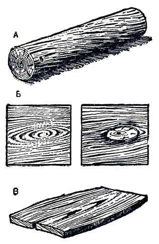 Рис. 16. Пороки древесины: А - косослой; Б - сучок здоровый (слева) и выпадающий (справа); В - трещины и коробление в результате неравномерной усушки