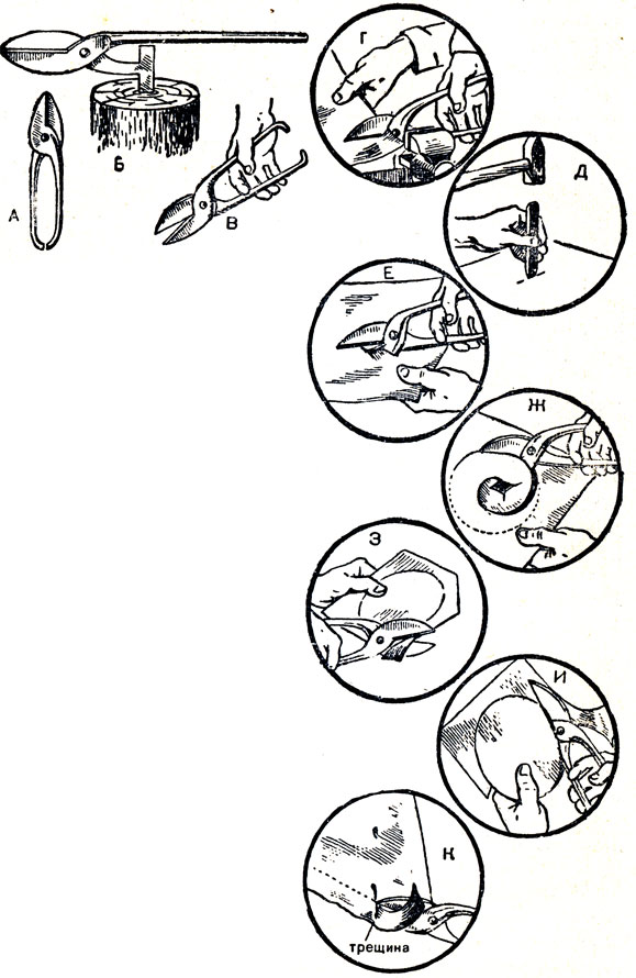 Рис. 70. Работа слесарными ножницами: А - ручные ножницы; Б - стуловые ножницы; В - положение ножниц в руке; Г - зажимание одной ручки в тисках; Д - надрубка в центре вырезаемого отверстия; Е - вырезание отверстия; Ж - удаление лишнего металла перед вырезанием круга; З - удаление лишнего металла перед вырезанием диска; И - вырезание диска; К - неправильное использование ножниц