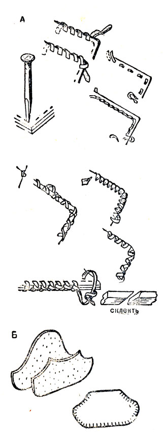 Рис. 88. Обвязка краев кожаных изделий: А - способы обвязки; Б - выкраивание и обвязка футляра для очков