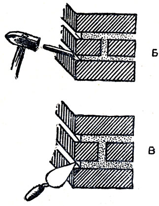 Рис. 172. Расшивка швов кирпичных стен: А - расчистка швов кладки; Б - замазывание расчищенных швов раствором
