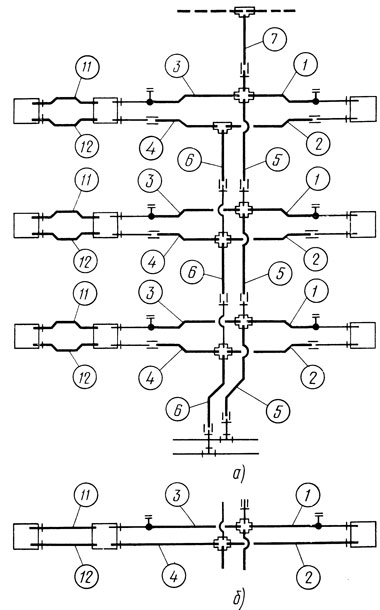 Рис. 2. Стояк центрального отопления двухтрубной системы с нижним розливом (числовые обозначения см. в табл. 40 приложения VI): а - подводки с утками, б - подводки прямые