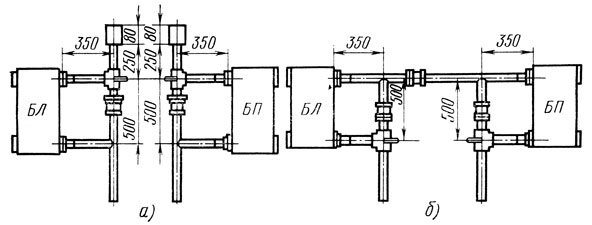 Рис. 13. Радиаторные правый (БП) и левый (БЛ) блоки для систем с трехходовыми кранами: а - для первого и промежуточного этажей, б - для верхнего этажа